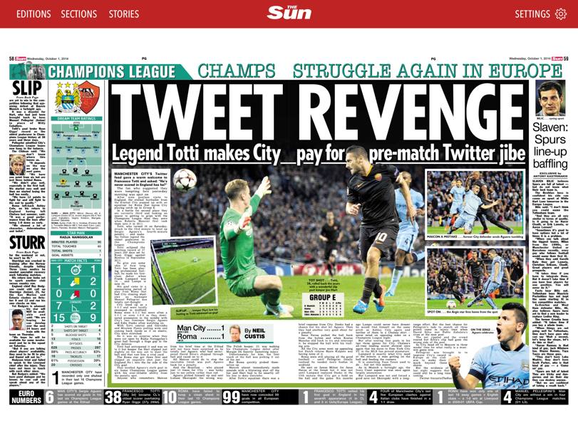 I giornali inglesi dopo l&#39;1-1 di Manchester: la rivincita del Tweet, dopo che il profilo del City aveva incautamente ricordato che Totti non aveva mai segnato in Inghilterra